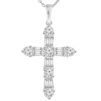 2.05 ct t.w. Ladies Round and Baguette Cut Diamond Cross Pendant Necklace